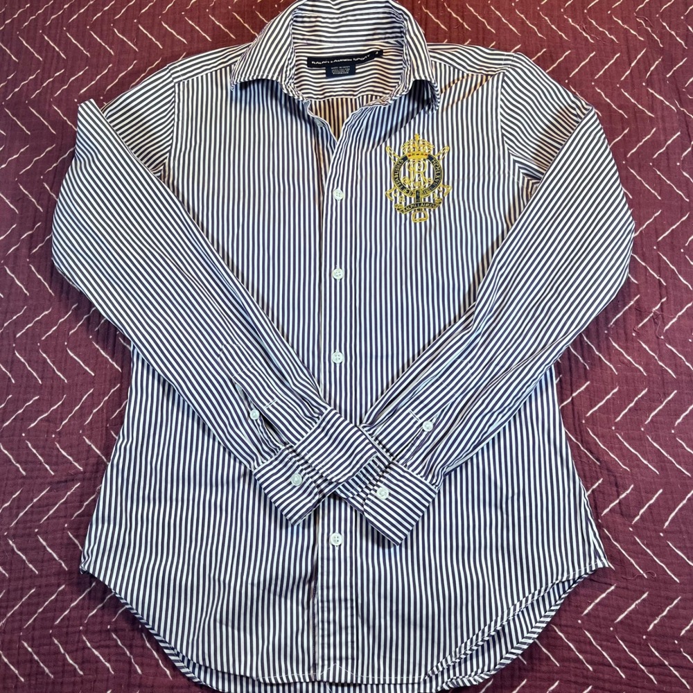Ralph Lauren Navy and White Striped Button-Down Shirt with Gold Crest